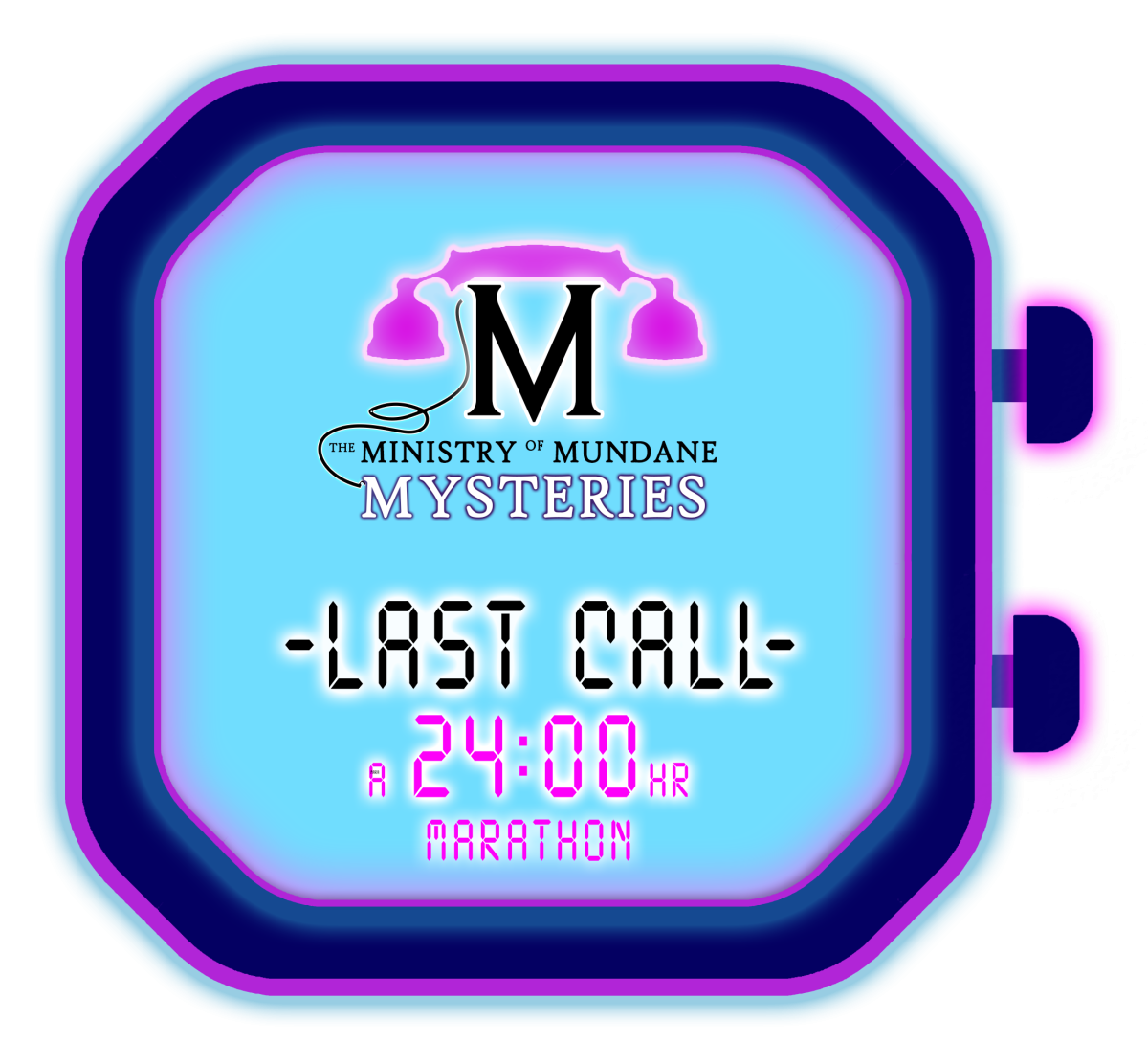 An image of a neon blue and purple digital watch, with The Ministry of Mundane Mysteries logo inset, followed by the text 